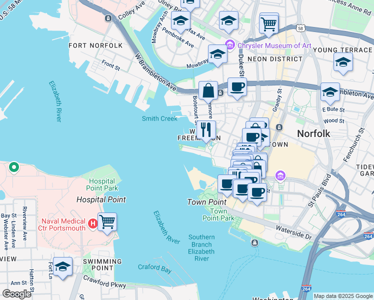map of restaurants, bars, coffee shops, grocery stores, and more near 305 Brooke Avenue in Norfolk