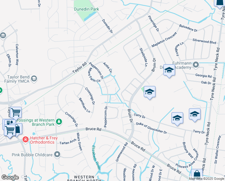 map of restaurants, bars, coffee shops, grocery stores, and more near 3534 Sugar Run in Chesapeake