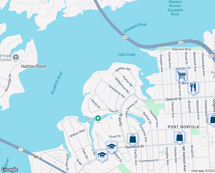 map of restaurants, bars, coffee shops, grocery stores, and more near 34 Greenbrier Road in Portsmouth