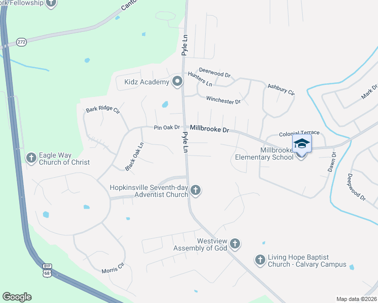 map of restaurants, bars, coffee shops, grocery stores, and more near 803 Hillcrest Drive in Hopkinsville