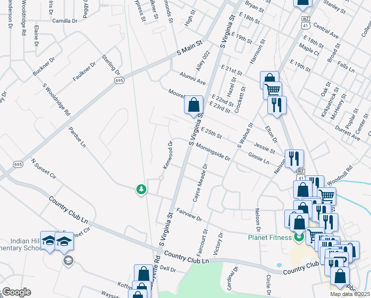 map of restaurants, bars, coffee shops, grocery stores, and more near 2601-2613 S Virginia St in Hopkinsville