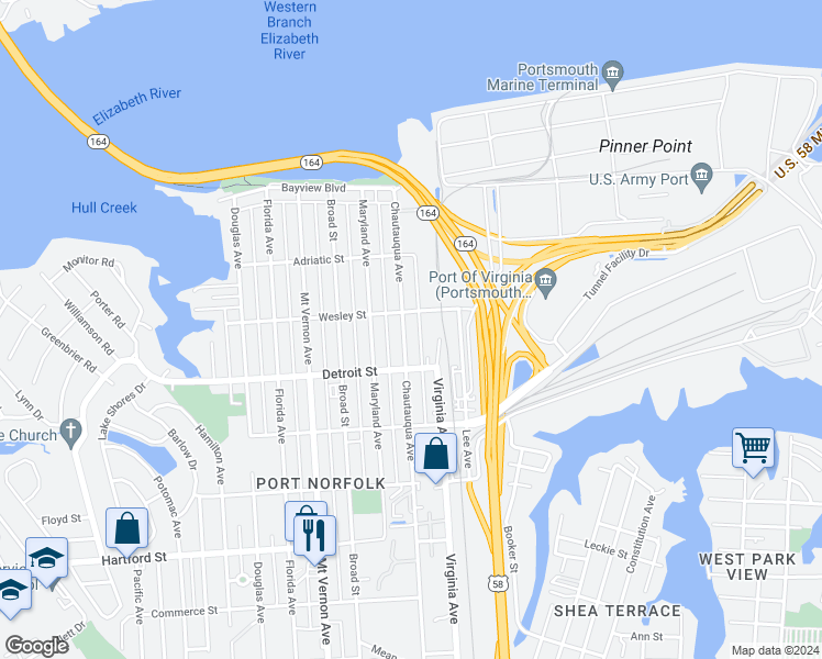 map of restaurants, bars, coffee shops, grocery stores, and more near 319 Chautauqua Avenue in Portsmouth