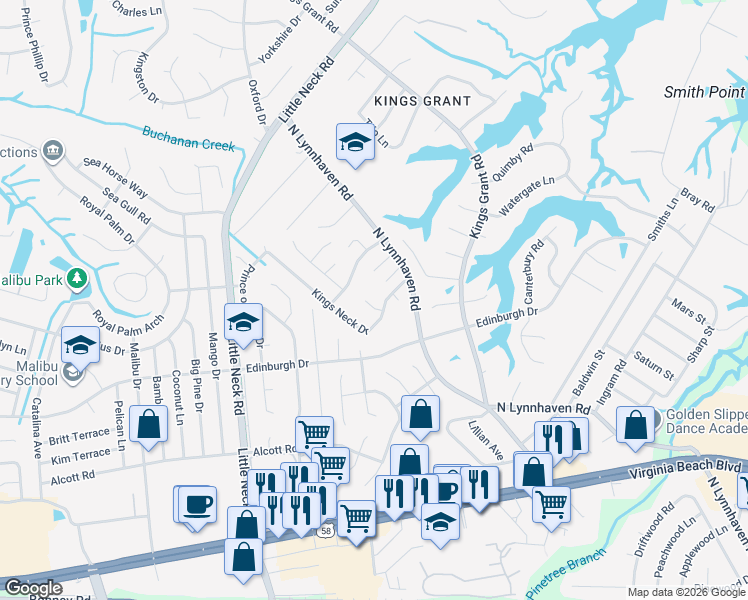 map of restaurants, bars, coffee shops, grocery stores, and more near 3332 Kings Neck Drive in Virginia Beach