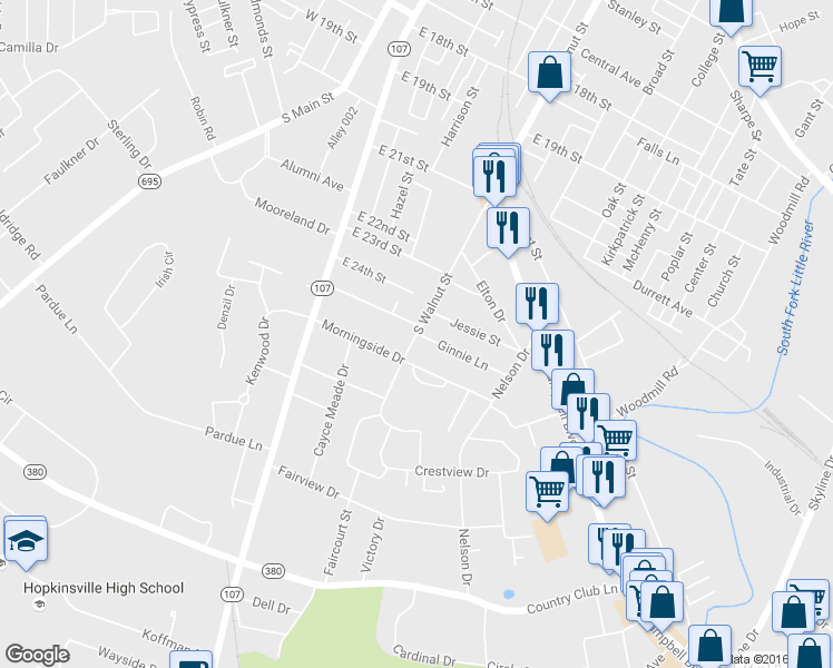 map of restaurants, bars, coffee shops, grocery stores, and more near 2503 South Walnut Street in Hopkinsville