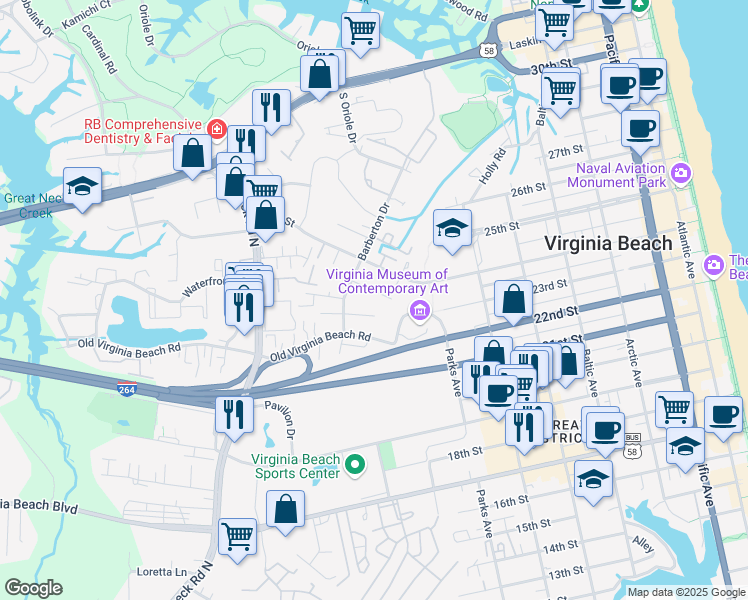 map of restaurants, bars, coffee shops, grocery stores, and more near 830 23rd Street in Virginia Beach