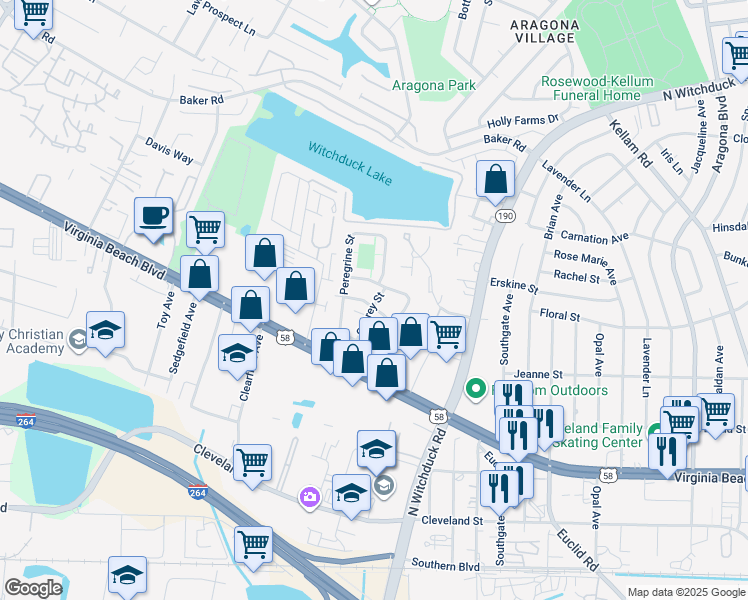 map of restaurants, bars, coffee shops, grocery stores, and more near 5215 Richard Road in Virginia Beach