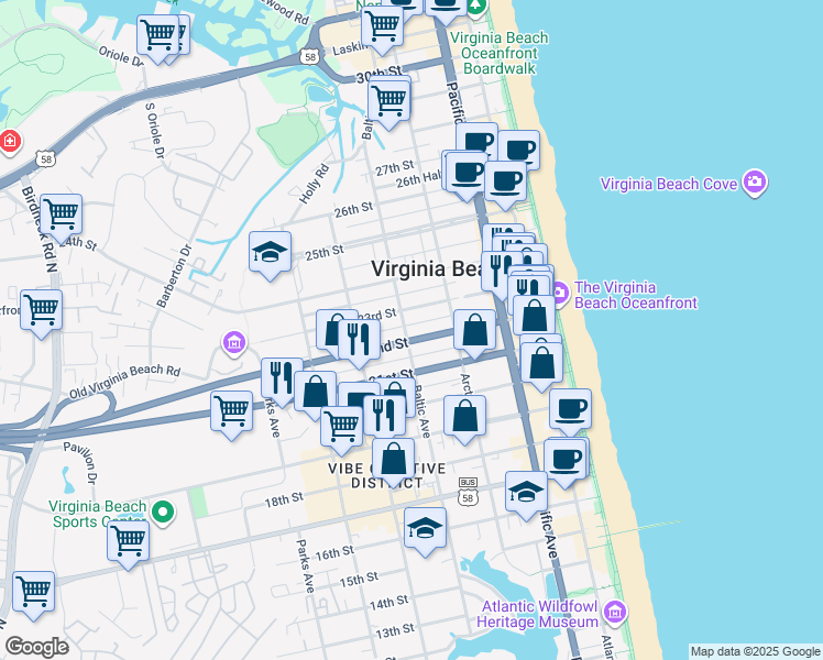map of restaurants, bars, coffee shops, grocery stores, and more near in Virginia Beach