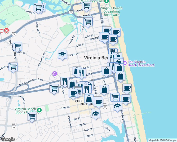 map of restaurants, bars, coffee shops, grocery stores, and more near in Virginia Beach