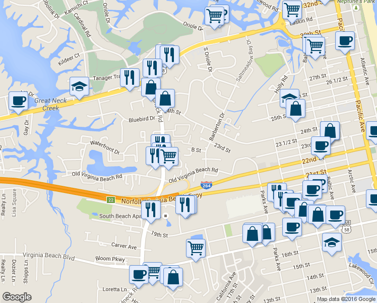map of restaurants, bars, coffee shops, grocery stores, and more near 921 A Street in Virginia Beach