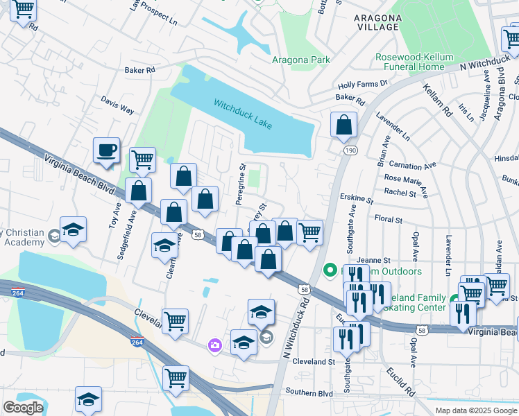 map of restaurants, bars, coffee shops, grocery stores, and more near 5215 Richard Road in Virginia Beach