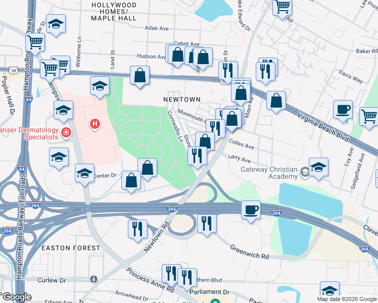map of restaurants, bars, coffee shops, grocery stores, and more near 6649 Cornwallis Lane in Norfolk
