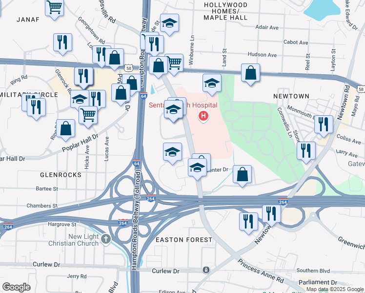 map of restaurants, bars, coffee shops, grocery stores, and more near 6161 Kempsville Circle in Norfolk