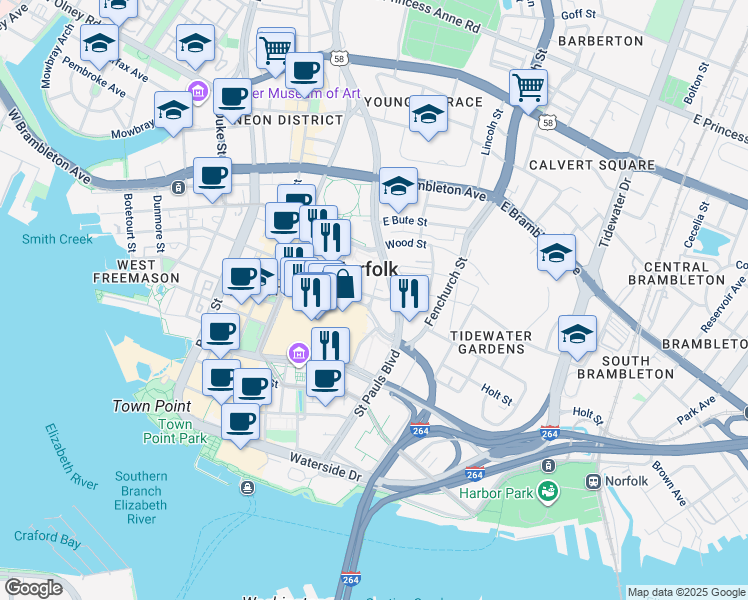 map of restaurants, bars, coffee shops, grocery stores, and more near 336 Cumberland Street in Norfolk