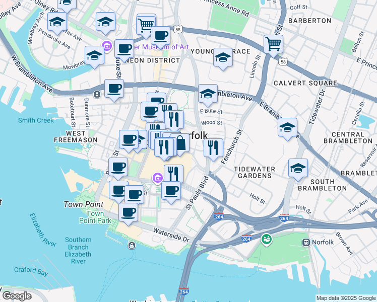 map of restaurants, bars, coffee shops, grocery stores, and more near 336 Cumberland Street in Norfolk