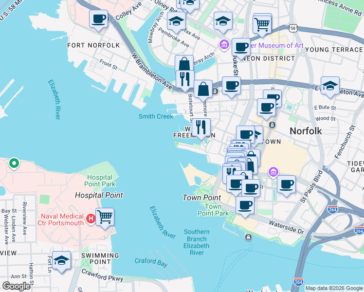 map of restaurants, bars, coffee shops, grocery stores, and more near Brooke Avenue in Norfolk
