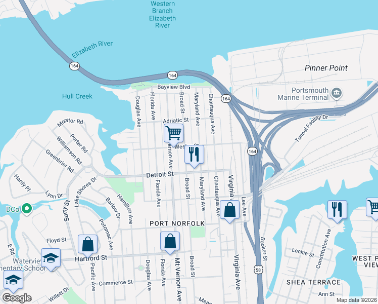 map of restaurants, bars, coffee shops, grocery stores, and more near 339 Broad Street in Portsmouth