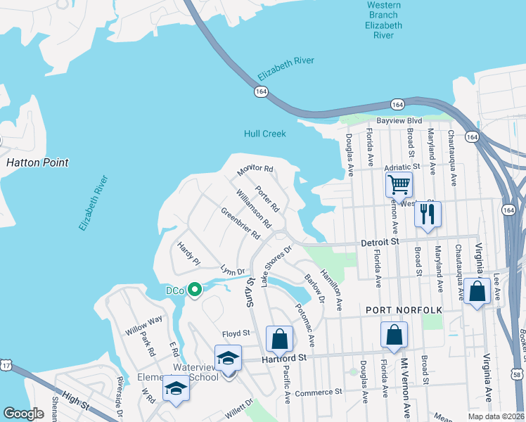 map of restaurants, bars, coffee shops, grocery stores, and more near 17 Greenbrier Road in Portsmouth