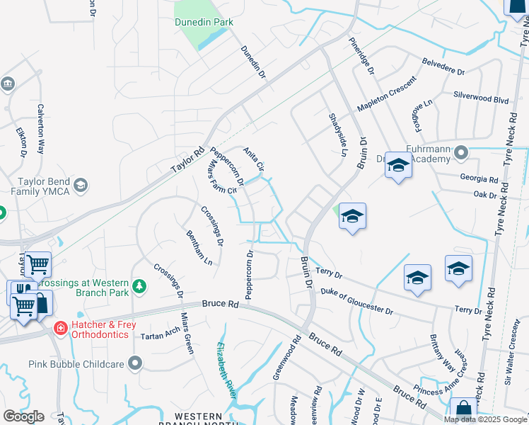 map of restaurants, bars, coffee shops, grocery stores, and more near 3534 Sugar Run in Chesapeake