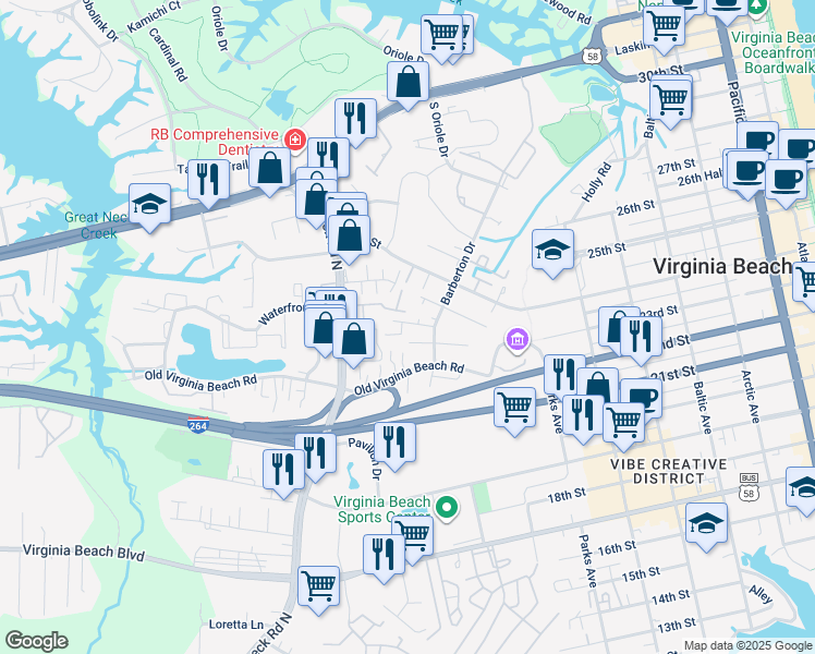 map of restaurants, bars, coffee shops, grocery stores, and more near 534 Pine Tops Court in Virginia Beach