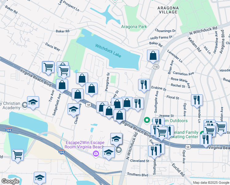 map of restaurants, bars, coffee shops, grocery stores, and more near 5224 Richard Road in Virginia Beach