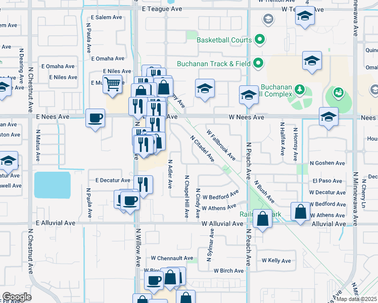 map of restaurants, bars, coffee shops, grocery stores, and more near 621 West El Paso Avenue in Clovis