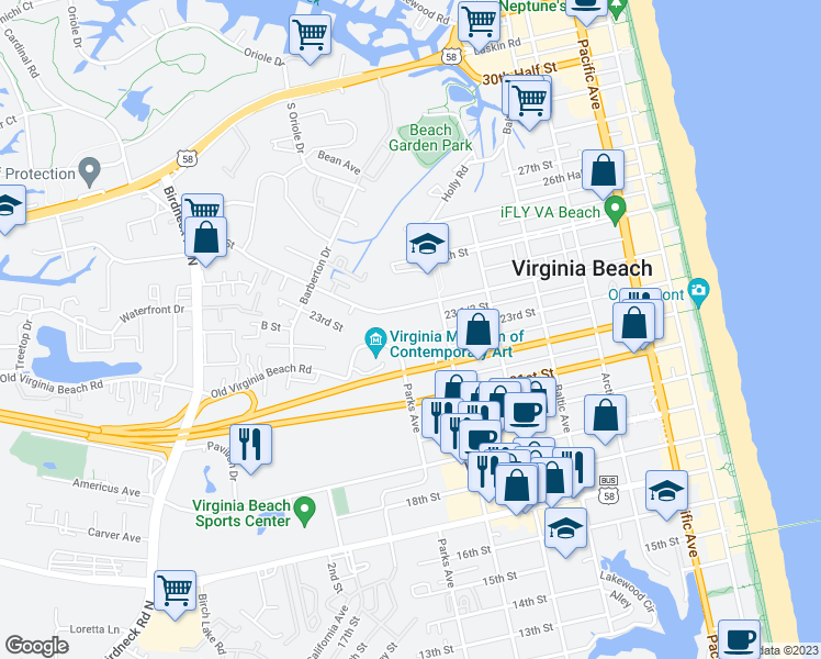 map of restaurants, bars, coffee shops, grocery stores, and more near 715 23rd Street in Virginia Beach