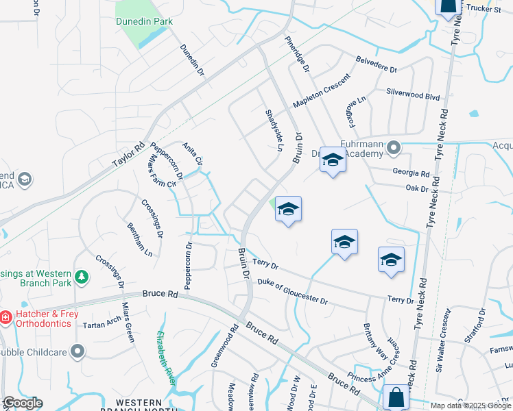 map of restaurants, bars, coffee shops, grocery stores, and more near 4301 Manchester Lane in Chesapeake