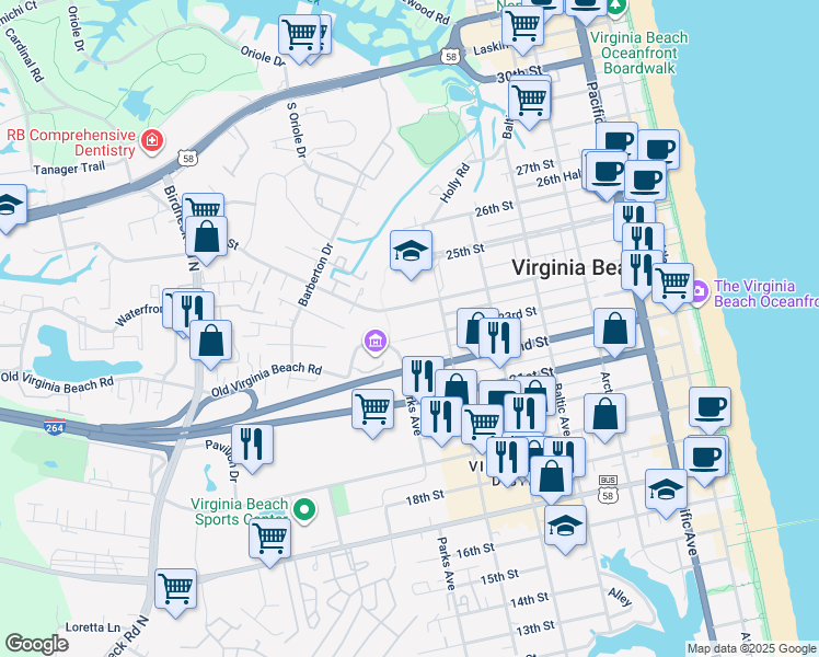 map of restaurants, bars, coffee shops, grocery stores, and more near 715 23rd Street in Virginia Beach