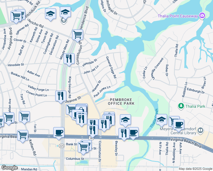 map of restaurants, bars, coffee shops, grocery stores, and more near 4420 Paul Jones Lane in Virginia Beach