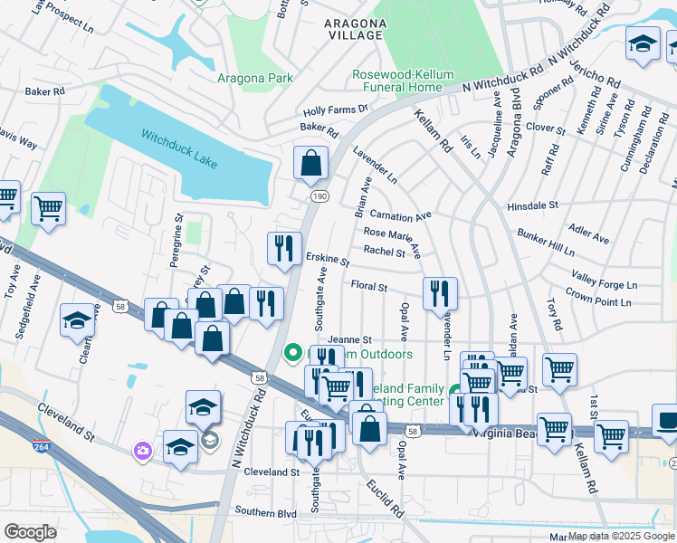 map of restaurants, bars, coffee shops, grocery stores, and more near 445 Brian Avenue in Virginia Beach