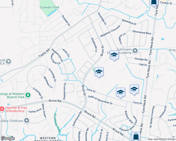 map of restaurants, bars, coffee shops, grocery stores, and more near 4301 Manchester Lane in Chesapeake