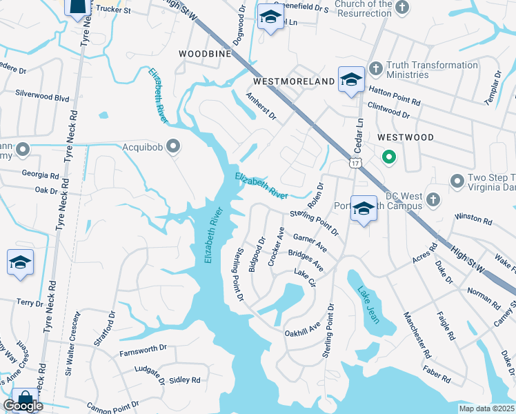 map of restaurants, bars, coffee shops, grocery stores, and more near 2305 Sterling Point Drive in Portsmouth