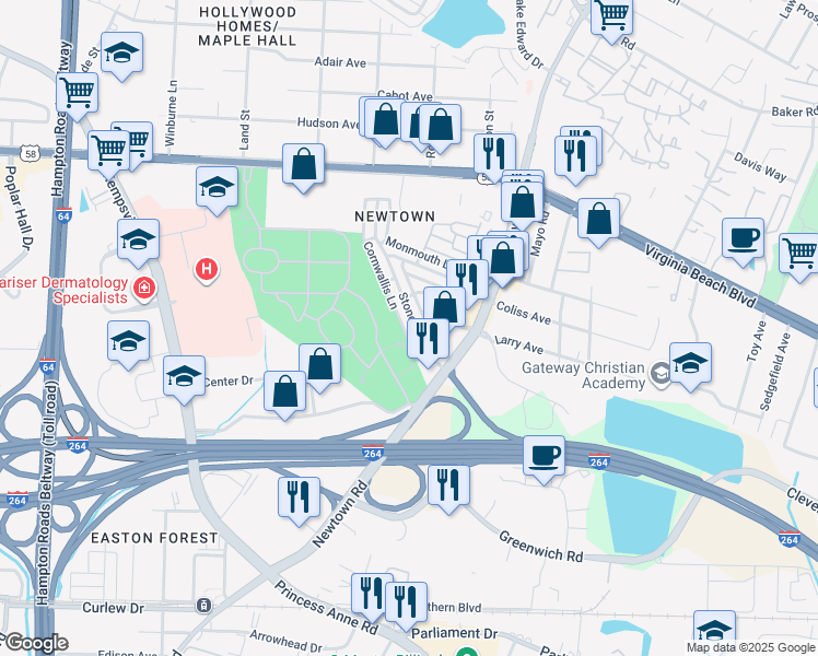 map of restaurants, bars, coffee shops, grocery stores, and more near 6649 Cornwallis Lane in Norfolk