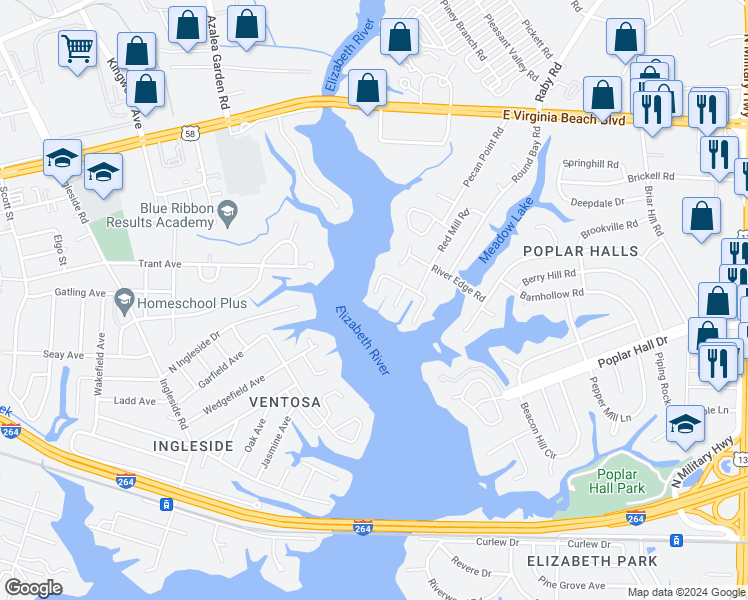 map of restaurants, bars, coffee shops, grocery stores, and more near 5283 Barharbor Drive in Norfolk