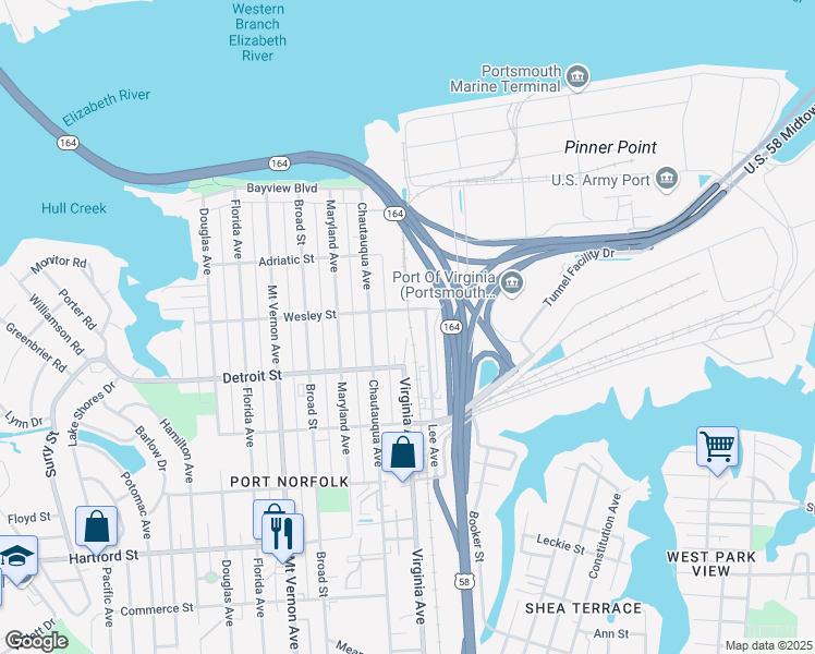 map of restaurants, bars, coffee shops, grocery stores, and more near 2409 Wesley Street in Portsmouth