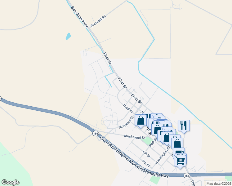 map of restaurants, bars, coffee shops, grocery stores, and more near 2 Donner Street in San Juan Bautista