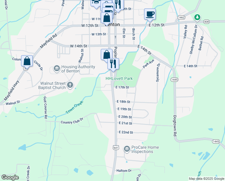 map of restaurants, bars, coffee shops, grocery stores, and more near 1625 Main Street in Benton