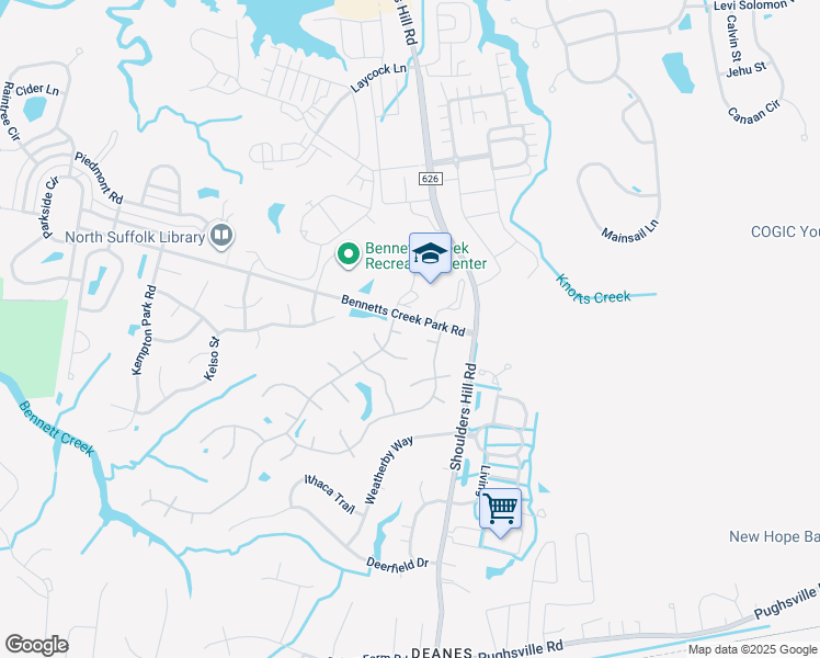 map of restaurants, bars, coffee shops, grocery stores, and more near 3605 Huntsman Court in Suffolk