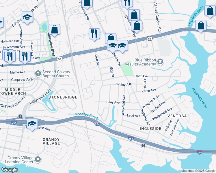 map of restaurants, bars, coffee shops, grocery stores, and more near 3515 Gatling Avenue in Norfolk