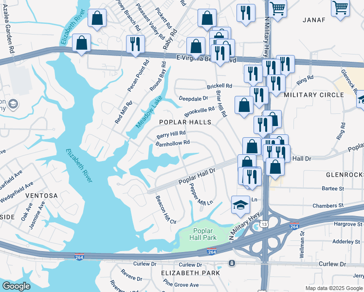 map of restaurants, bars, coffee shops, grocery stores, and more near 5501 Barnhollow Road in Norfolk