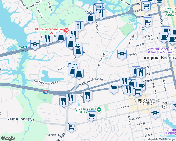 map of restaurants, bars, coffee shops, grocery stores, and more near 533 Pine Tops Court in Virginia Beach