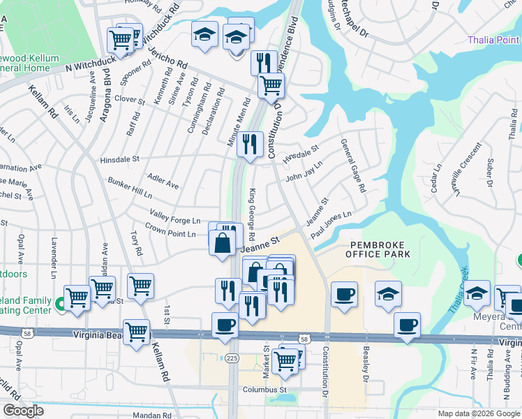 map of restaurants, bars, coffee shops, grocery stores, and more near 516 King George Road in Virginia Beach
