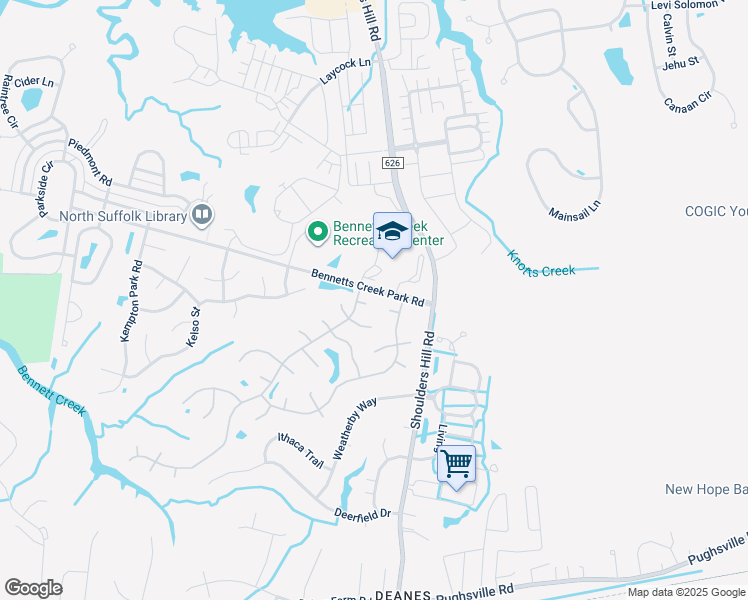 map of restaurants, bars, coffee shops, grocery stores, and more near 3605 Huntsman Court in Suffolk