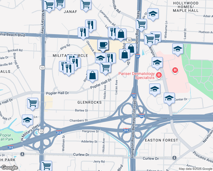 map of restaurants, bars, coffee shops, grocery stores, and more near 532 Glenrock Road in Norfolk