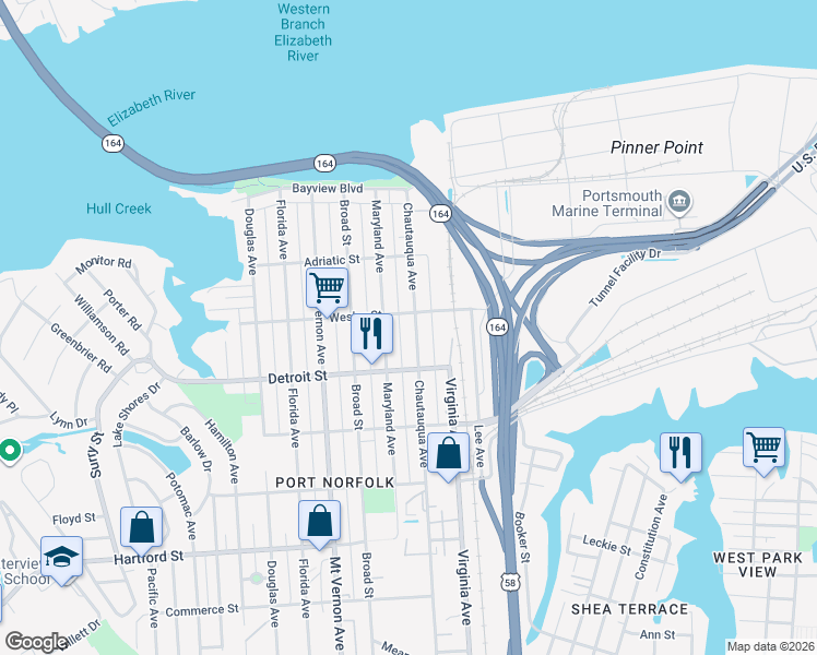 map of restaurants, bars, coffee shops, grocery stores, and more near 246 Chautauqua Avenue in Portsmouth