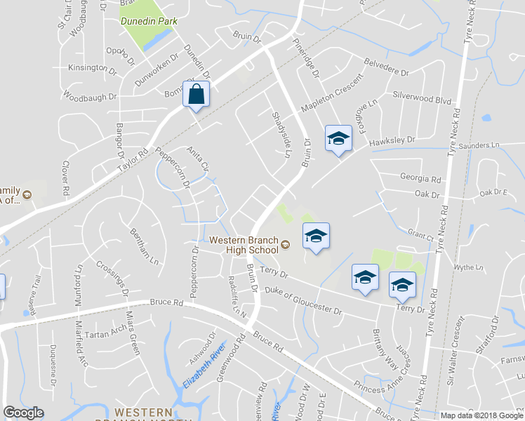 map of restaurants, bars, coffee shops, grocery stores, and more near 4303 Manchester Lane in Chesapeake