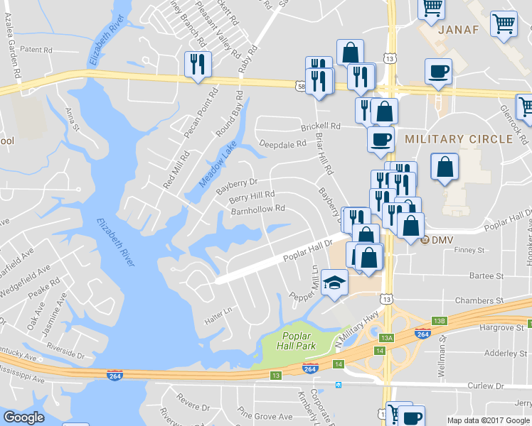 map of restaurants, bars, coffee shops, grocery stores, and more near 5501 Barnhollow Road in Norfolk