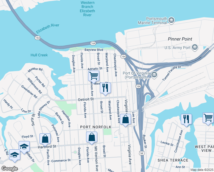 map of restaurants, bars, coffee shops, grocery stores, and more near 308 Maryland Avenue in Portsmouth