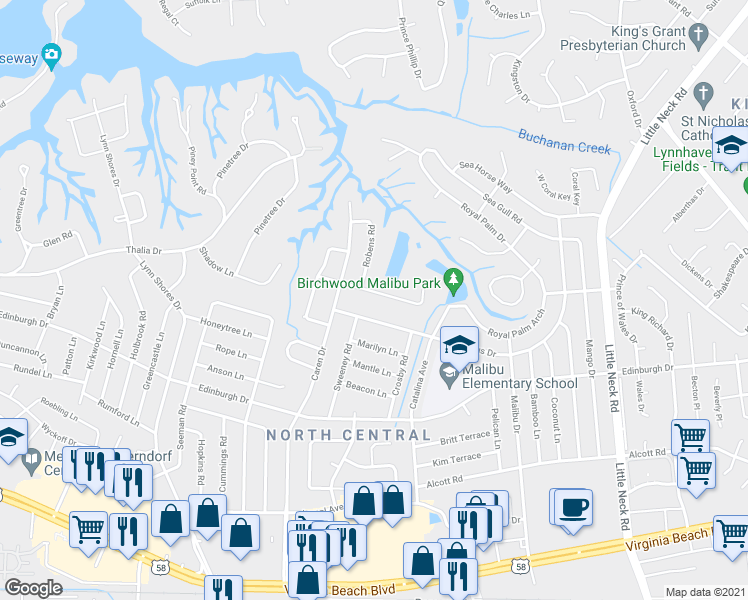 map of restaurants, bars, coffee shops, grocery stores, and more near 3757 Harton Road in Virginia Beach