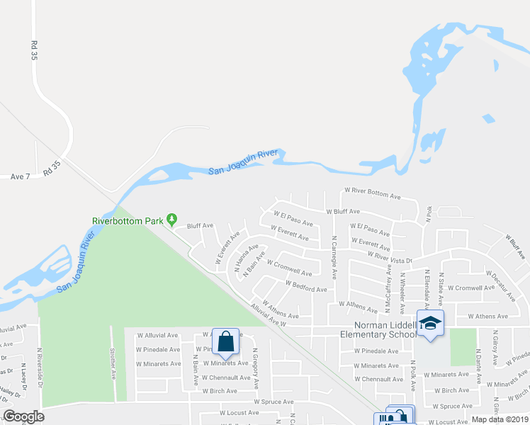 map of restaurants, bars, coffee shops, grocery stores, and more near 6115 West Bluff Avenue in Fresno